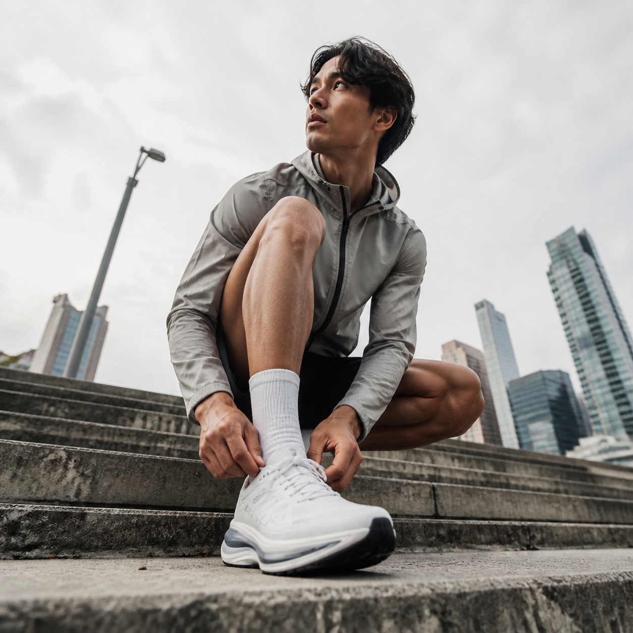 Runner tying a shoe on city stairs