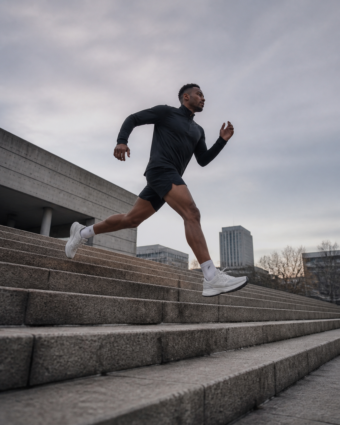 Runner descending concrete steps in a city plaza