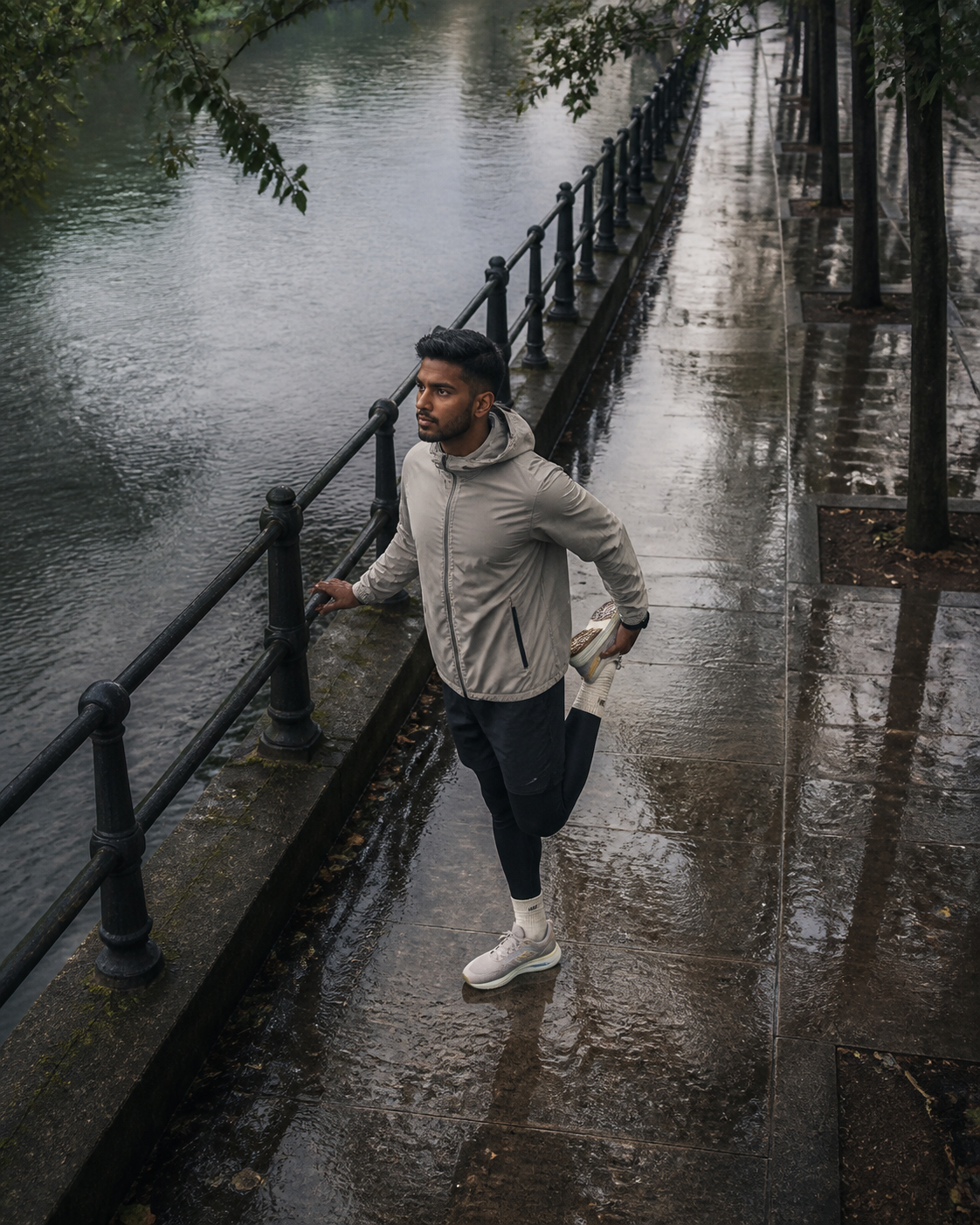 Runner stretching beside a rain-wet canal path