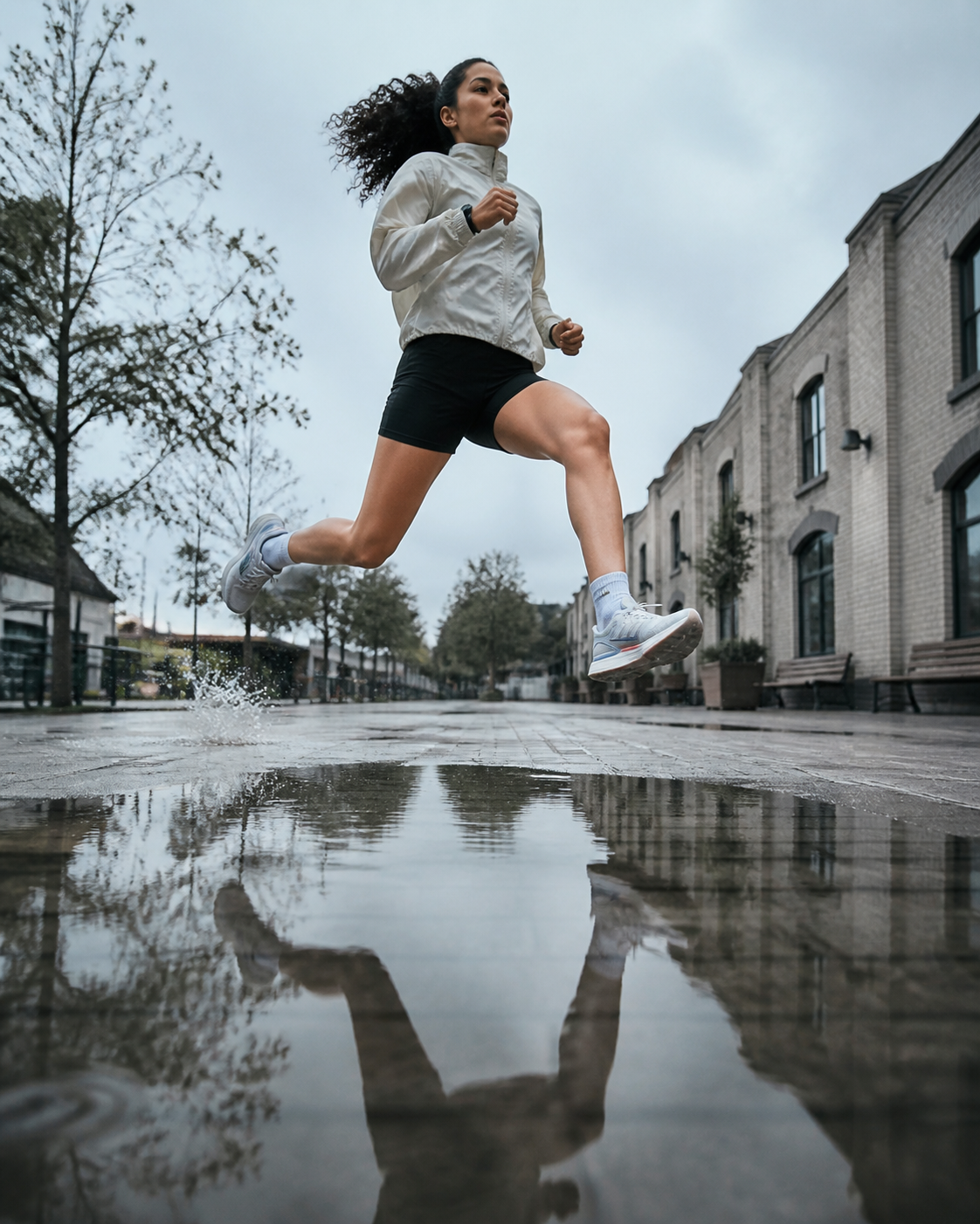 Runner jumping over a rain puddle on a brick street