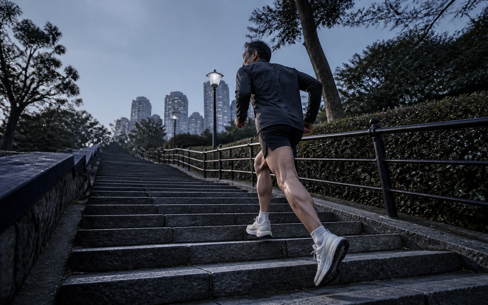 Runner climbing city park stairs