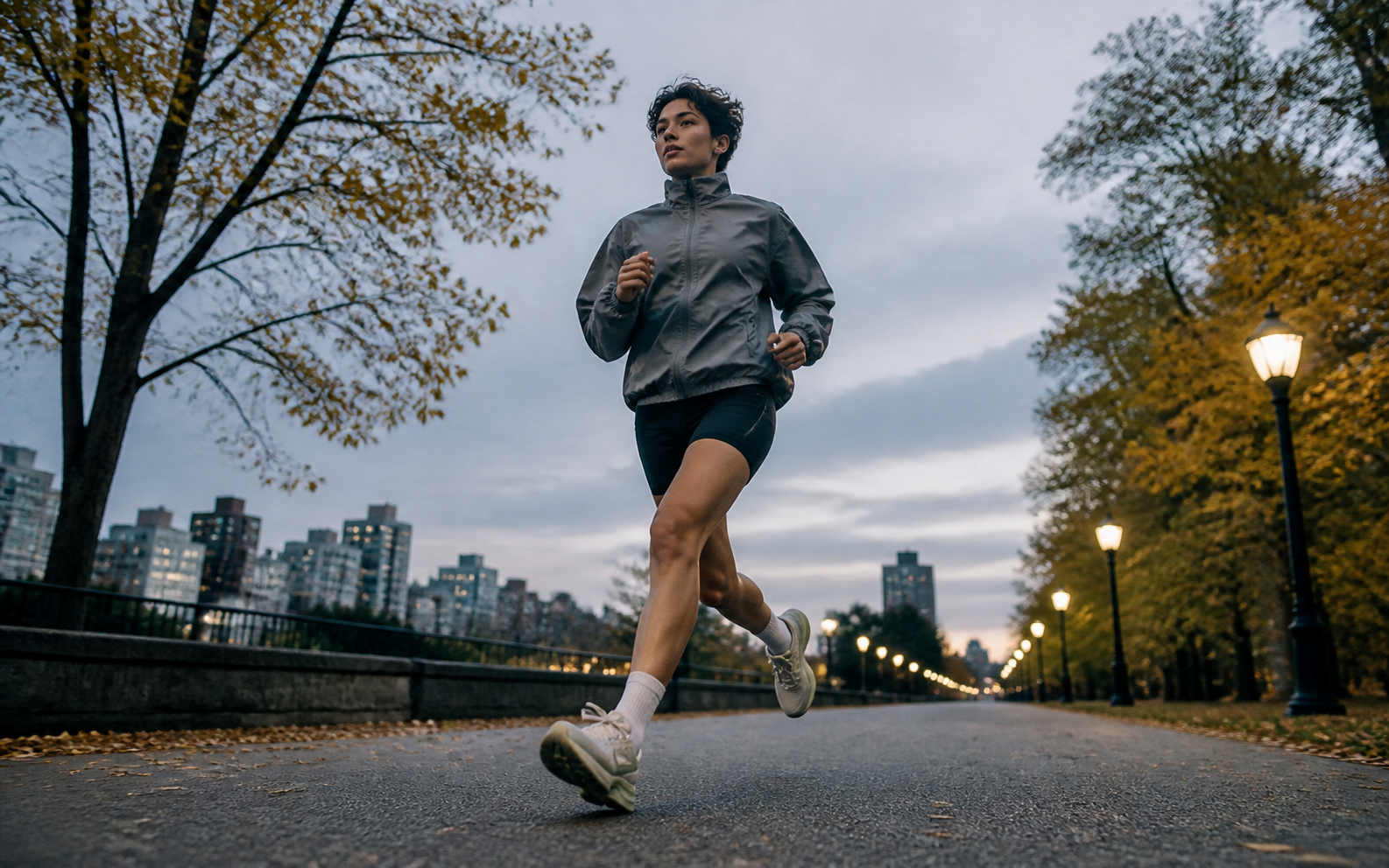 Runner moving through an urban park
